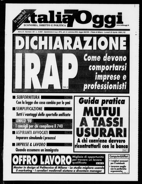 Italia oggi : quotidiano di economia finanza e politica